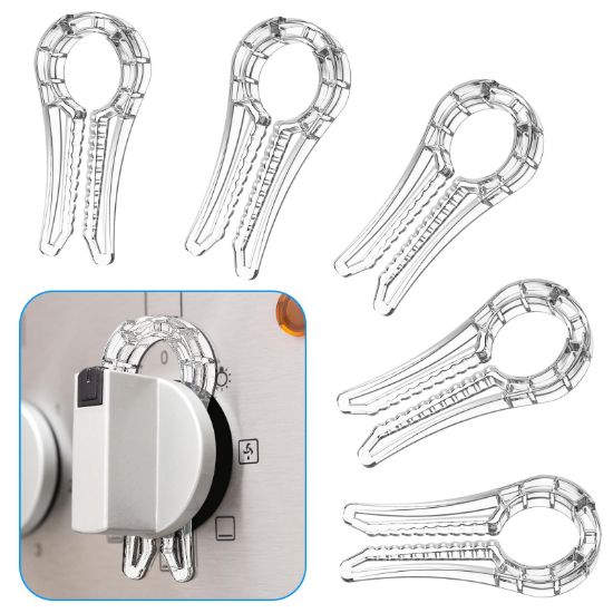 Picture of Gas Stove Knob Locks, Gap-fit Pin for Stove Knobs, for Knob Gap at Least 0.27", Baby Proofing Stove Knob Safety Covers, Stove Guard Clear, Pack of 5, with 1 Extra Piece for Back Up