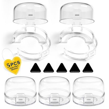 Picture of Shularis Stove Knob Safety Covers, 5Pcs Fits 90% Oven/Stove 5 Heat Alert Stickers Oven Knob Covers for Child Safety, 2nd Gen Kitchen Burner Childproofing, Gas Stove Knob Locks for Kid Baby Pet (Clear)