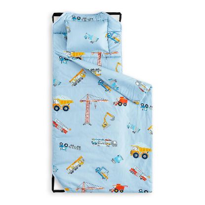 Picture of Wake In Cloud - Cot Nap Mat with Pillow and Blanket, Cotton Fabric, for Toddler Kids Boys Ages 3 Plus in Daycare Kindergarten Preschool with Elastic Corner Straps, Cars Cranes Trucks, Light Blue