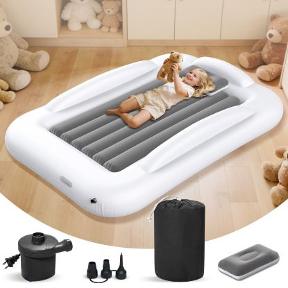 Picture of Abdtech Inflatable Kids Travel Bed - Portable Comfortable Air Mattress with 3 Sides Safety Bumpers - Blow Up Bed for Camping & Travel (53 Inches)