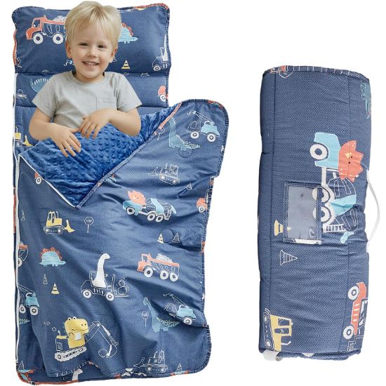 Picture of Cotton Toddler Nap Mat with Zipper,Detachable Minky Blanket and Removable Pillow,Soft Slumber Bags for Boys,Kids Sleeping Bag for Daycare Preschool Kindergarten,Dinosaur Navy Blue