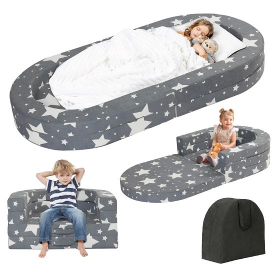 Picture of Tykacna Travel Toddler Bed, 3-in-1 Portable Foldable Toddler Chair,Soft Foam Floor Bed Lounger with Washable Cover,Star