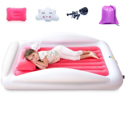 Picture of Sleepah Inflatable Toddler Travel Bed Portable Kids Air Mattress Set w Safety Rail Guards for Kids & Toddlers - Includes Pump, Carry Case, Pillow & More - Perfect Transitional Cot Coral