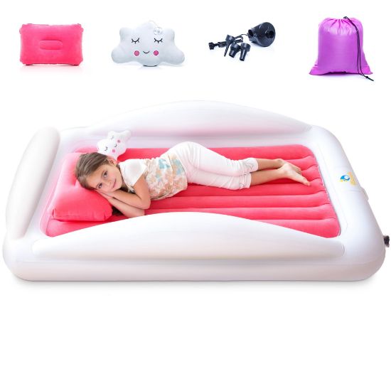 Picture of Sleepah Inflatable Toddler Travel Bed Portable Kids Air Mattress Set w Safety Rail Guards for Kids & Toddlers - Includes Pump, Carry Case, Pillow & More - Perfect Transitional Cot Coral