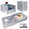 Picture of Portable Toddler Travel Bed, 2 in 1 Foldable Toddler Bed Sofa Chair, Soft Baby Kids Travel Floor Beds with Washable Cover, Blanket, Safety Foam Raised Bumper for Camping Hotel Grandmas House Sleeping