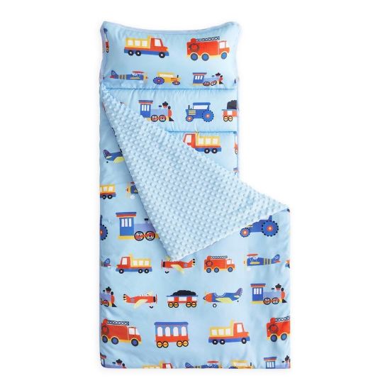 Picture of Wake In Cloud - Toddler Nap Mat with Pillow and Minky Fleece Blanket, for Kids Boys Girls in Daycare Preschool Kindergarten, Roll Up Sleeping Bag, Car Airplane Blue, Standard Size