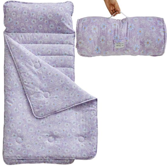 Picture of JHCHMX Floral Toddler Nap Mat with Pillow and Blanket,Extra Large Roll Up Kids Sleeping Mat,Soft Slumber Bags for Girls,Perfect for Daycare,Preschool,Travel Camping- Purple