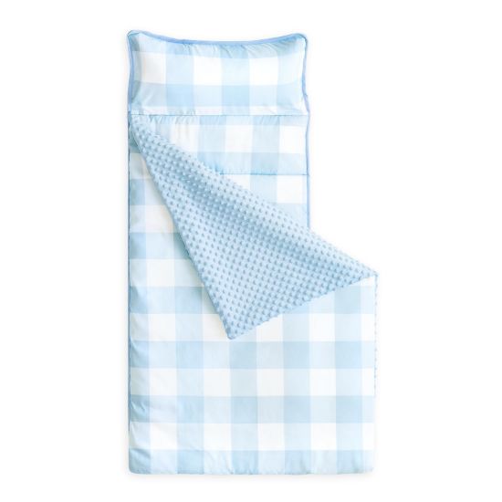 Picture of Wake In Cloud - Toddler Nap Mat with Pillow and Minky Fleece Blanket, for Kids Boys Girls in Daycare Preschool Kindergarten, Roll Up Sleeping Bag, Buffalo Check Plaid, Light Blue White, Standard