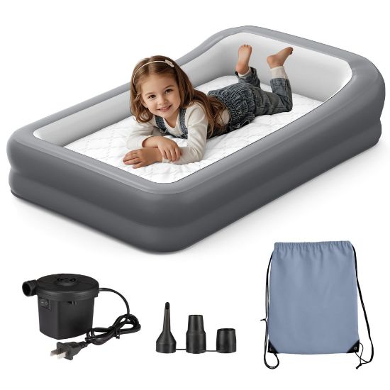 Picture of GloTika Toddler Travel Bed - Inflatable Kids Air Mattress with Surround Safety Bumpers & Soft Cotton Sheet, Portable 63" Rest Solution for Grandparents House, Camping or Transitioning