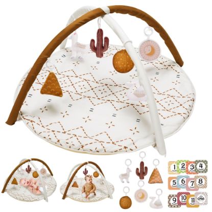 Picture of Tummy Time Activity Mat, Macrame Baby Play Gym Mat with 6 Detachable Toys and 12 Milestone Cards for Stage-Based Sensory and Motor Skill Development, Washable Play Mats for Infant, Non Slip Play Mat