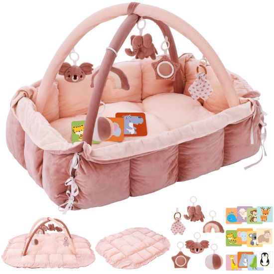 Picture of 5-in-1 Plush Baby Play Gym, Baby Play Mats, Convertible Baby Gym, Tummy time mat, 6 Sensory Toys, Activity Center, Ball Pit, Pink