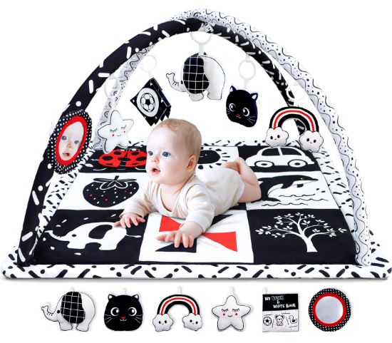 Picture of Poycuna Black and White Baby Gym Play Mat with 6 Toys Tummy Time Activity Mat for Babies 0-6 6-12 Months High Contrast Baby Gyms & Playmats Sensory Toys Newborn Brain Development Infant Play Mat