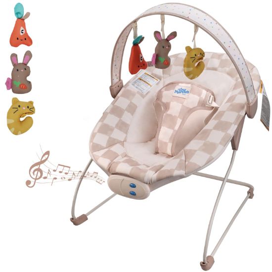 Picture of Baby Bouncer - Baby Bouncer seat, Infants Bouncy Seat with Music & Sensory Toys, Compact & Machine Washable Seat Pad Indoor Infant Seat, Ideal for Newborns 0-6 Months, Max Weight 20lbs (Sand Checker)