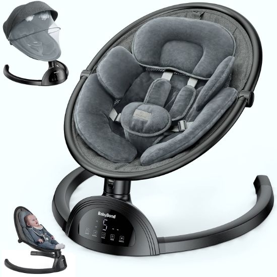 Picture of BabyBond Baby Swings for Infants, Bluetooth Infant Swing with Music Speaker, 3 Seat Positions, 5 Point Harness Belt, 5 Speeds and Remote Control - Portable Baby Swing for Indoor and Outdoor (Black)