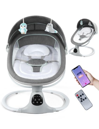 Picture of Electric Baby Swing for Infants to Toddler, Portable Swing Rocker with 5 Point Harness, 5 Sway Speed, Bluetooth,12 Preset Lullabies with Remote Control, Infant Swing for Baby Boys & Girls, Grey