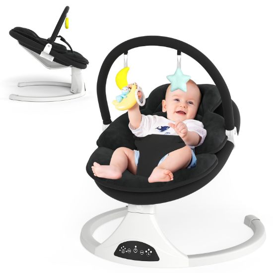 Picture of Electric Baby Swing with Remote Control - 5 Natural Motion Speeds, Detachable Seat Pad | Portable Infant Swing for Indoor/Outdoor Use (0-6M, 20lbs) (Black)