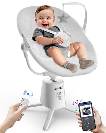 Picture of Zoicay Baby Swing,Baby Swings for Infants with 3 Modes & 5 Speeds, BT Enabled App & Remote Control, Electric Swing - 6 Lullabies and 3 Timer Setting, 2 Seat Positions and 5-Point Harness Swing (White)