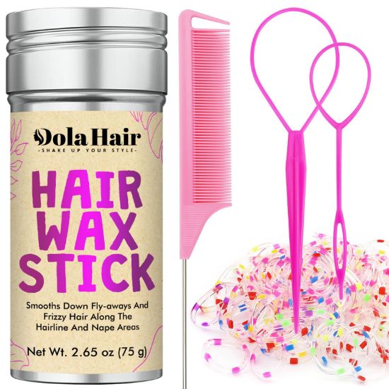 Picture of Dolahair Hair Wax Stick & Accessories - Flyaway Control for Kids & Women, 50 Pcs Colorful Elastic Hair Bands, 1 Pcs Slick Back Hair Brush, 2 Hair Loop Styling Tools (Pink)