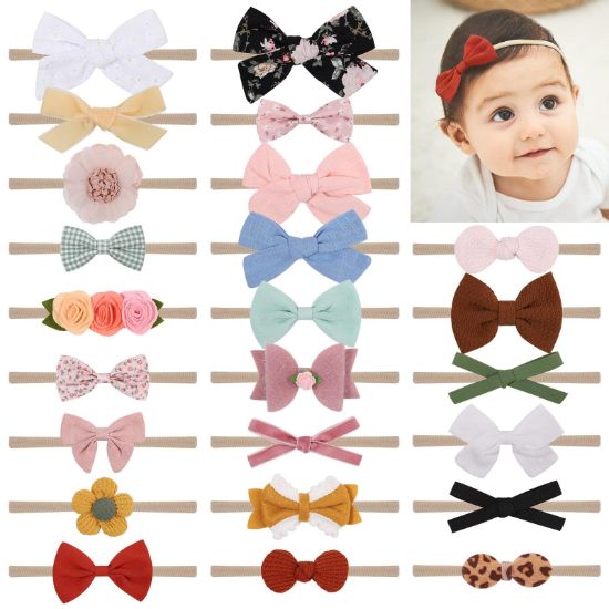 Picture of doboi Baby Girl Headbands 24PCS Nylon Linen Handmade Hairbands with Hair Bows and Accessories for Newborns, Infants, Toddlers, and Little Kids