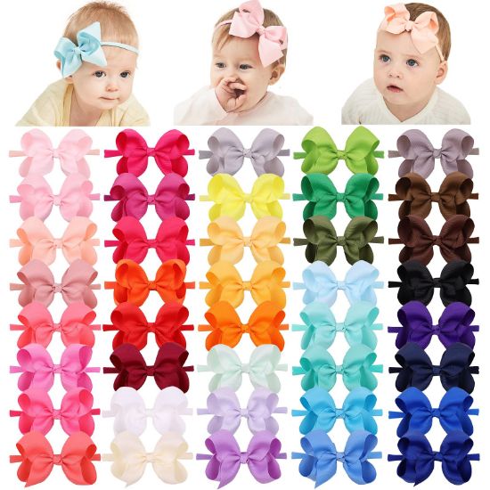 Picture of jollybows 40pcs 4inches Baby Girls Grosgrain Ribbon Hair Bows Headbands Nylon Elastic Hair Band Hair Accessories for Infants Newborn