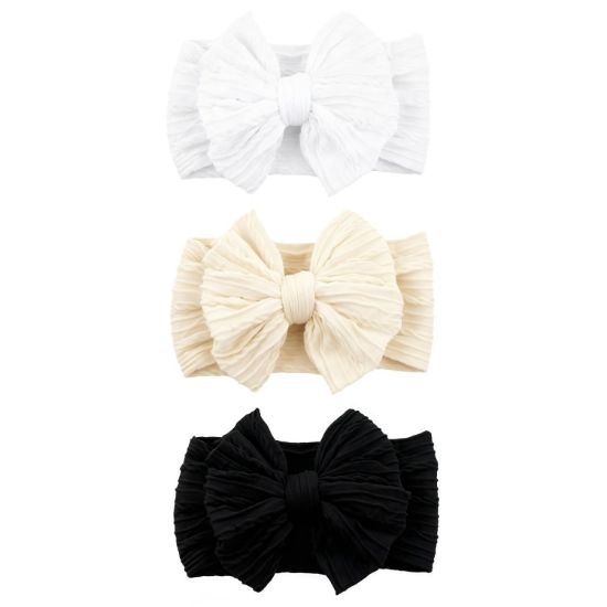 Picture of chiduerm 3 Pcs Baby Bows Headbands Soft Nylon Hairbands Super Elastic Headband Hair Accessories For Baby Girls Infant Toddler Essentials (Black Beige White, Mid)