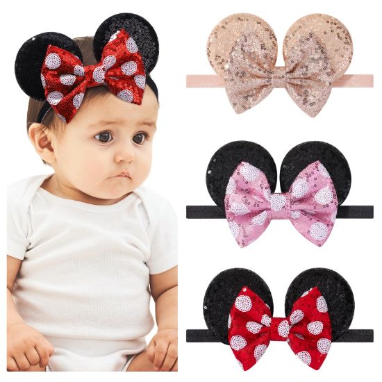 Picture of choicbaby 3 PCS Mouse Ears Sequin Bow Nylon Hairband with Polka Dot Cute Baby Headbands Soft Hairbands Hair Accessories for Newborn Infant Toddler Party Supplies