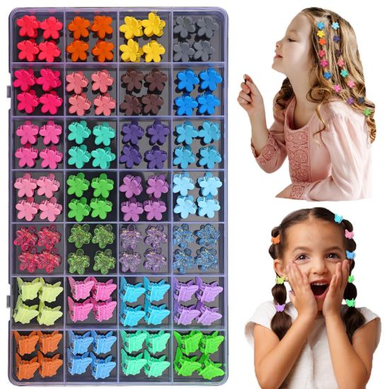 Picture of 112 Pcs Baby Hair Clips - 28 Color Mini Flower and Butterfly Clips for Girls, Toddlers - Small Claw Clips With Organizer Box - Cute Hair Accessories