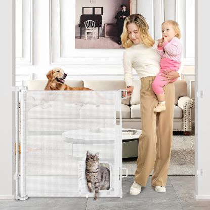 Picture of Retractable Baby Gate with Cat Door 55" Wide Retractable Baby Gate for Stairs Mesh Baby Gate with Pet Door Retractable Dog Gate for The House Retractable Pet Gate with Door Safety Gates for Toddlers
