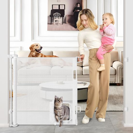 Picture of Retractable Baby Gate with Cat Door 55" Wide Retractable Baby Gate for Stairs Mesh Baby Gate with Pet Door Retractable Dog Gate for The House Retractable Pet Gate with Door Safety Gates for Toddlers