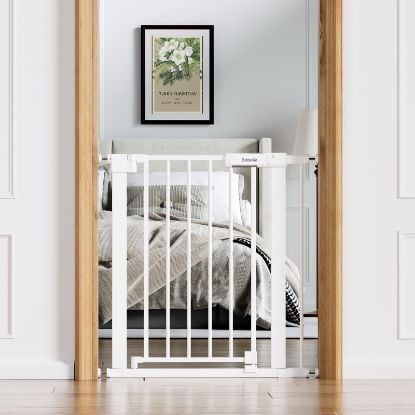 Picture of Babelio Baby Gate for Doorways and Stairs, 26-31" Pet Gate with Wide Walk Thru Door and Lock Indicator, No Drill Pressure Mounted Safety Gate with Double Lock and Self-Closing, White