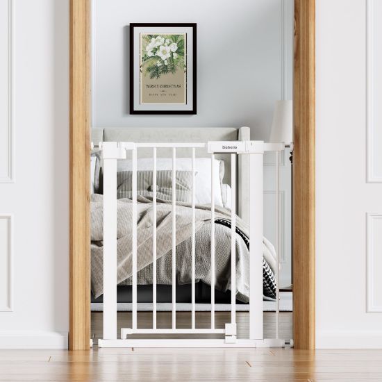 Picture of Babelio Baby Gate for Doorways and Stairs, 26-31" Pet Gate with Wide Walk Thru Door and Lock Indicator, No Drill Pressure Mounted Safety Gate with Double Lock and Self-Closing, White