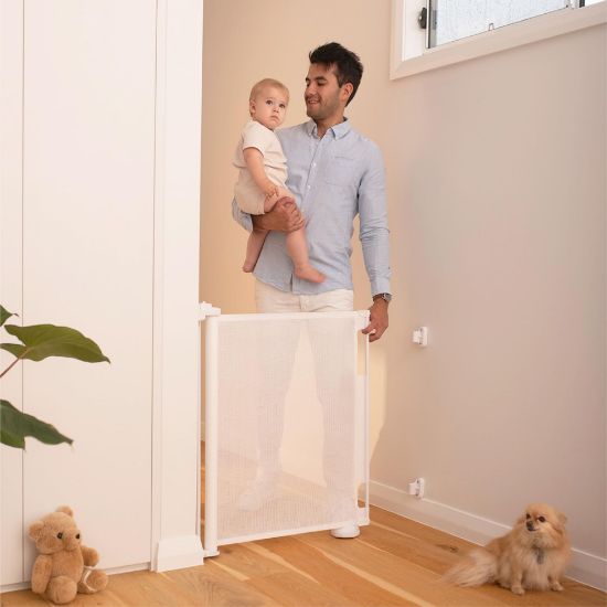 Picture of Retractable Baby Gate Perma Child Safety 33" Tall x 55 Wide, Mesh, for Stairs, Doorways, Dogs, Pets, Indoor, Outdoor, One-Handed Operation, Locking, Easy Install, Hardware Mount, White