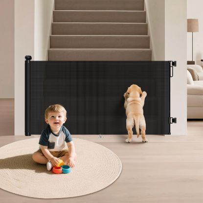 Picture of TrusTot Retractable Baby Gate for Stairs - 34" Tall Extends to 55" Wide Mesh Baby Gate with Anti-Crawling Hook, Adjustable Baseboard Bracket, Pet Gate for Doorways, Hallways, Indoor & Outdoor, Black