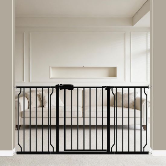 Picture of WAOWAO Baby Gate 57.48-62.20" Extra Wide Pressure Mounted Walk Through Swing Auto Close Safety Black Metal Toddler Kids Child Dog Pet Puppy for Stairs,Doorways,Kitchen