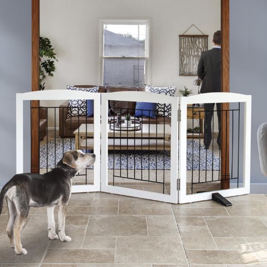 Picture of ZJSF Freestanding Dog Fence Indoor, Foldable Dog Gate for Doorways, Stairs or Hallways, Sturdy Wood Extra Wide Pet Gate with Support Feet for The House, White, 24 "Height-3 Panels