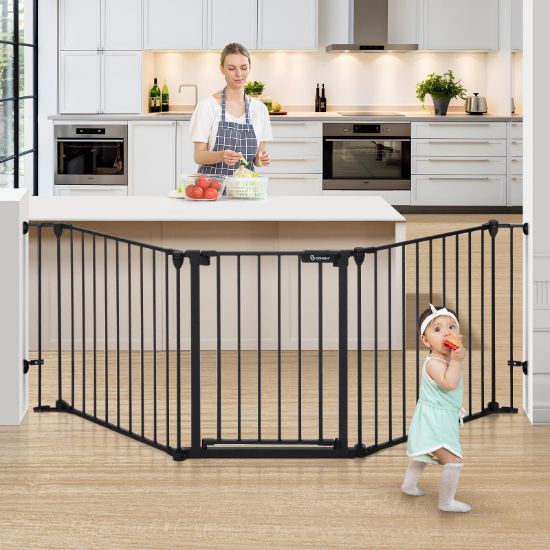 Picture of COMOMY 80" Extra Wide Baby Gate, Dog Gate for House Stairs Doorways Fireplace, Auto Close Pet Gate with Door Walk Through, 3 Metal Panels, Hardware Mounted Baby Fence Indoor Outdoor(30" Tall, Black)