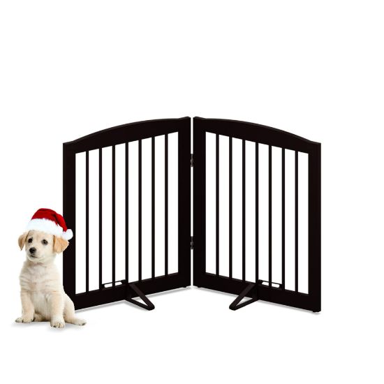 Picture of PUPETPO Freestanding Pet Gate for Dogs, Foldable Wooden Dog Gate for House, Indoor Pet Barrier for Stairs, Doorways, Support Feet Included, 24" Height 2 Panels, Brown