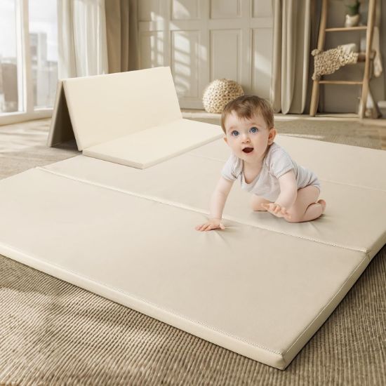 Picture of TODIBY Foam Baby Play Mat: PU Leather Waterproof Kids Playmat - Trifold Floor Mat - Large Play Mat for Playpen Thick Pad Fodable Mattress Soft Toddler Mattress Infant Cushion for Preschool (Beige)