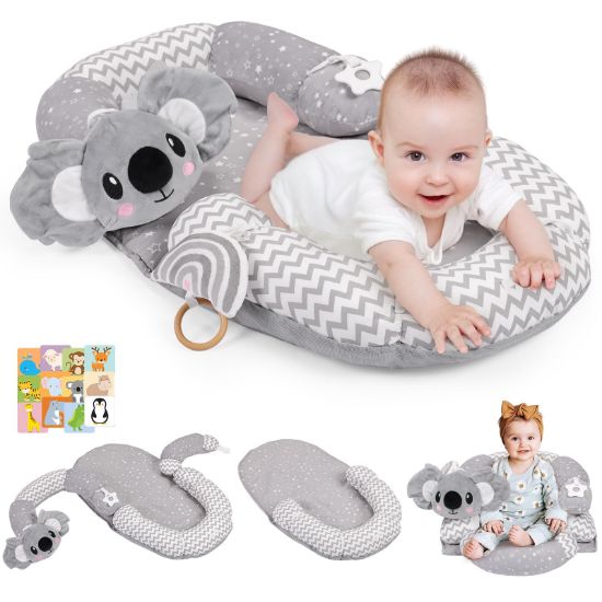 Picture of 4 in 1 Tummy Time Mat with Educational Cards, Play Mat & Sitting Support for Newborn 0-12 Months, Infant Baby Sit Me Up Floor Seat, Sensory Skills Gifts, Koala
