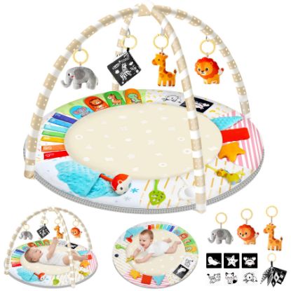 Picture of URMYWO Tummy Time Mat - Comfortable Baby Floor Play Mat Activity Gym for 0-3-6-18 Months, 6 Developmental Zones with 5 Detachable Toys for Motor Skills Sensory Development, Baby Essentials Shower Gift