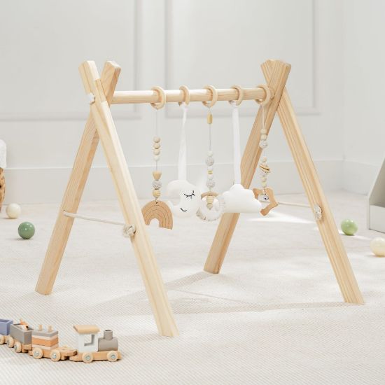 Picture of Comfy Cubs Wooden Baby Play Gym - Natural Finish Pinewood Baby Activity Gym with 5 Sensory Hanging Toys - Easy No-Tool Assembly, Safe and Durable for Infant Motor and Visual Development - Natural Wood