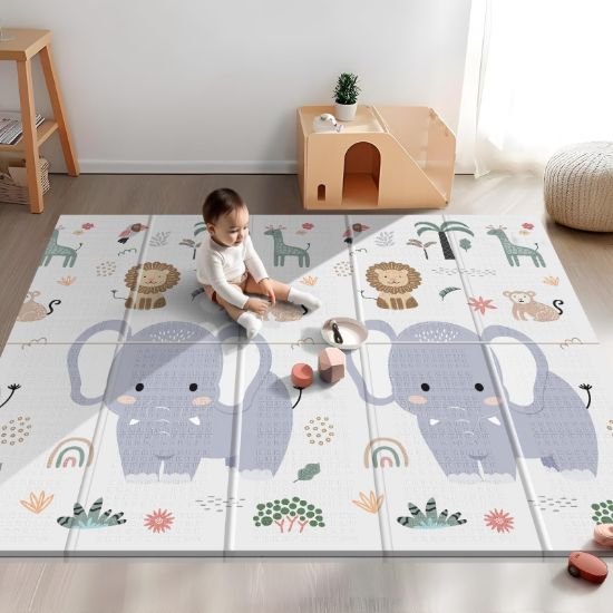 Picture of NOONKTY 79x71 Extra Large Baby Play Mat for Floor, Foldable Foam Playmat for Babies 0-12 Months & Kids, Non-Toxic Waterproof Baby Mat for Floor, Thick Playpen Mat for Tummy Time Crawling, Elephant+Mon