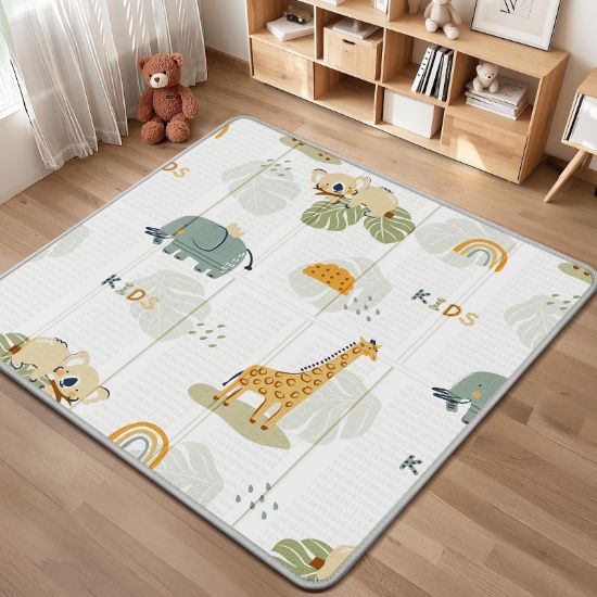 Picture of Foldable Baby Play Mat, PIGLOG 50x50 Playpen Mat, Waterproof Playmats for Babies and Toddlers Kids, Safe Foam Playmat for Tummy Time, Reversible Portable Baby Floor Mat for Infant, Giraffe + Elephant