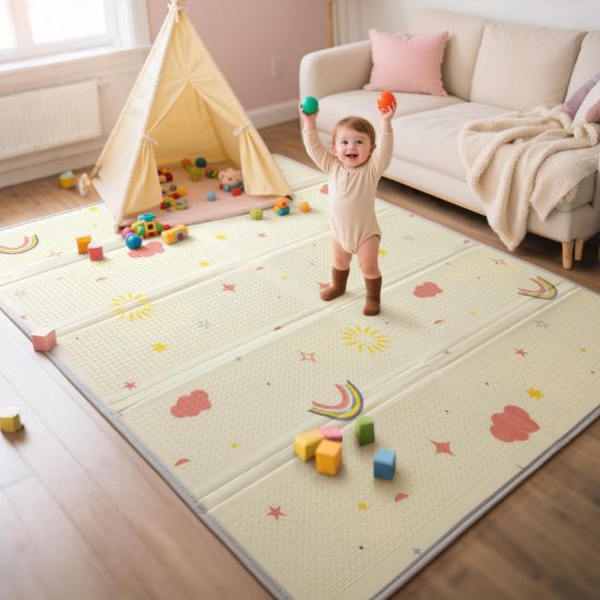 Picture of Mallify Extra Large Foldable Play Mat, Reversible Baby Play Mat with Edge Reinforcement, Non-Toxic & Waterproof Baby for Floor, Foam Playmat with Travel Bag, Rainbow, Cloud & Moon, 71"x59"