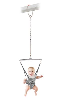 Picture of Jolly Jumper Iconic (Grey Safari), Doorway Baby Jumper, Indoor Exercise Saddle Seat, Adjustable Height, for Infants up to 28lbs, Black, No Stand Required