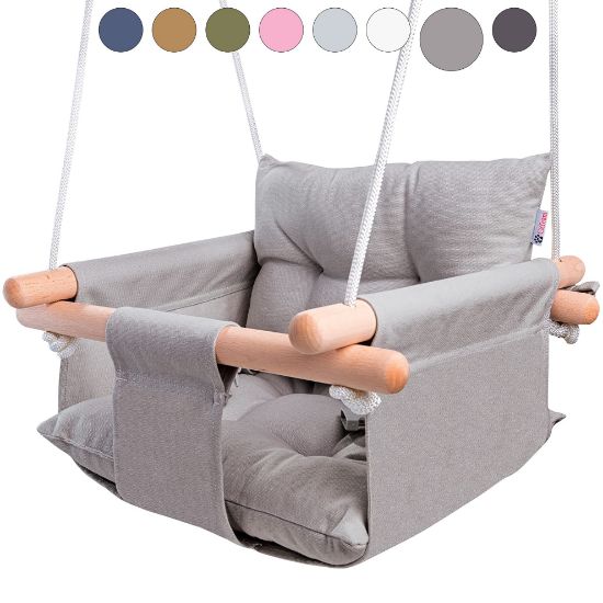 Picture of CaTeam - Canvas Baby Swing, Wooden Hanging Swing Seat Chair with Safety Belt, Durable Baby Swing Chair, Outdoor and Indoor Swing for Kids, Mounting Hardware Included, Taupe Gray