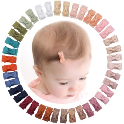 Picture of CLLOT 40pcs Mini 1.2" Grosgrain Ribbon Snap Clips - Tiny Fine Thin Hair Bows in Pairs for Baby Girls, Toddlers, and Infants