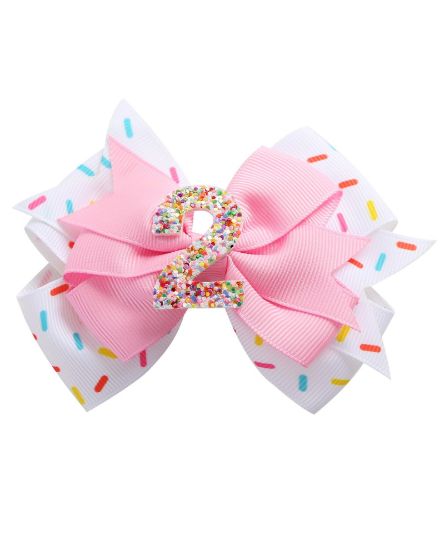 Picture of Birthday Hair Bow for Baby Girls 1 2 3 4 5 6 Years Sprinkle Decorations Confetti Ice Cream Party Pink Hair Accessories for 2nd Birthday