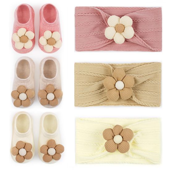 Picture of COZYOFFI Baby Flower Headband and Socks: Cute Headband and Socks Sets for Toddler Newborn Infant Girl Pink Khaki Beige
