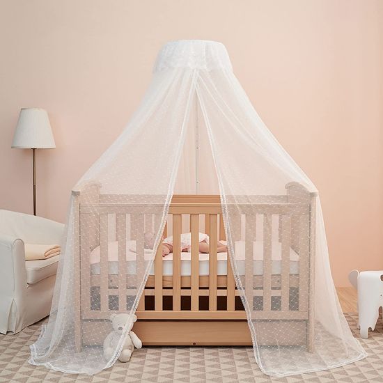 Picture of Baby Bed Canopy with Adjustable Clip-on Stand Baby Crib Cot Net Tent Hanging Dome Curtain Netting See Through Mesh Bed Cover Net Stand Rod